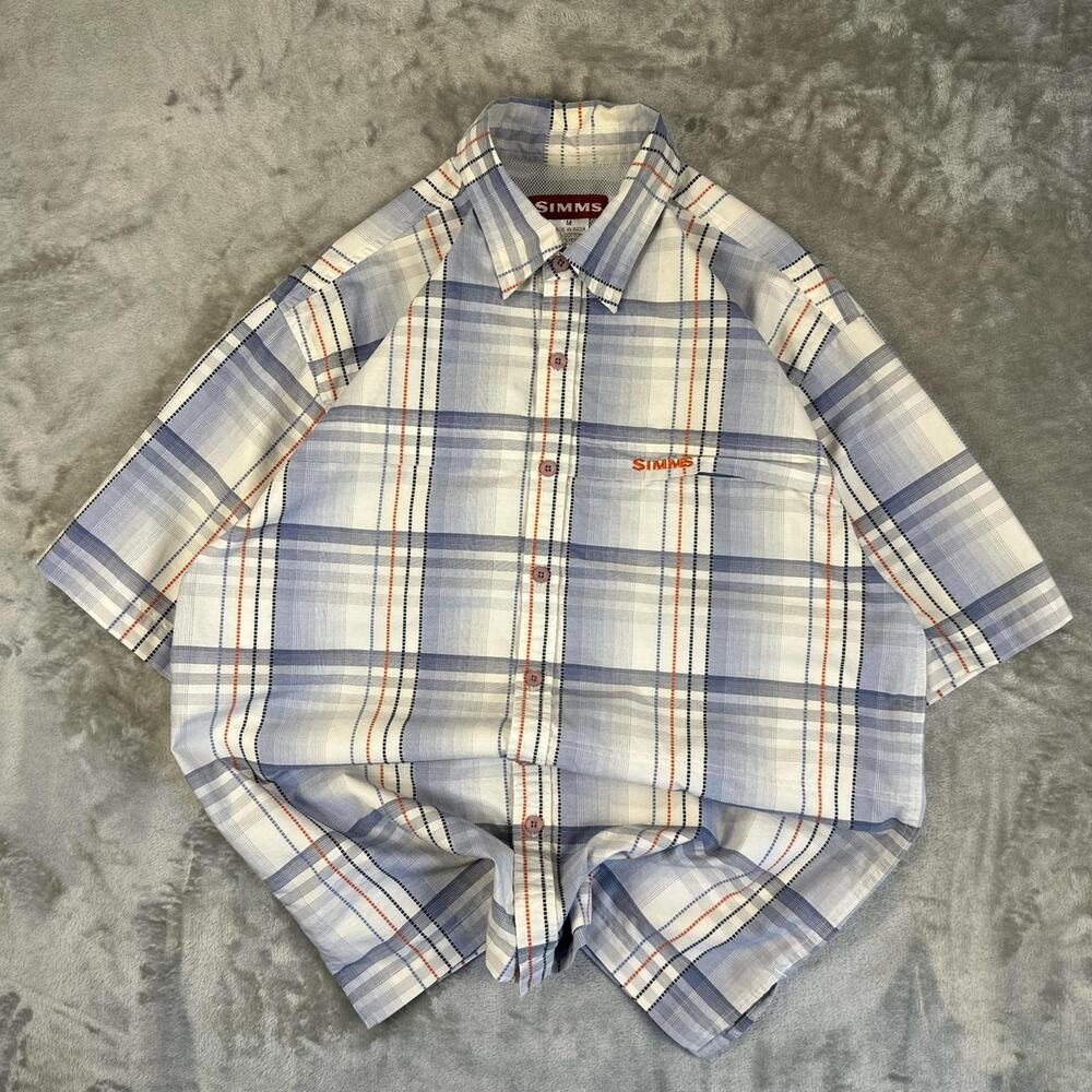 Simms Shirt Mens M Blue&White Plaid ButtonUp Fishing Vented Lightweight Outdoors